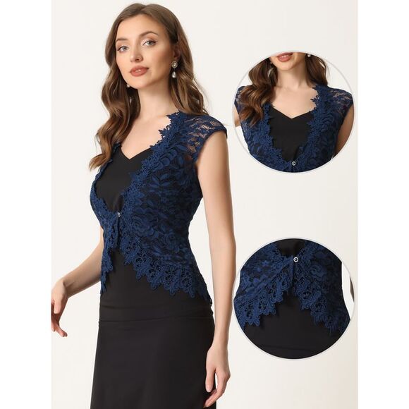 Floral Lace Shrug Wedding Guest Cap Sleeve Sheer Bolero Cardigan Dark Blue - Picture 2 of 6